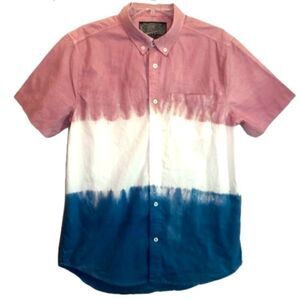 Brooklyn Cloth Tricolor Dyed Short Sleeve Button Down in Pink/White/Blue Men’s M